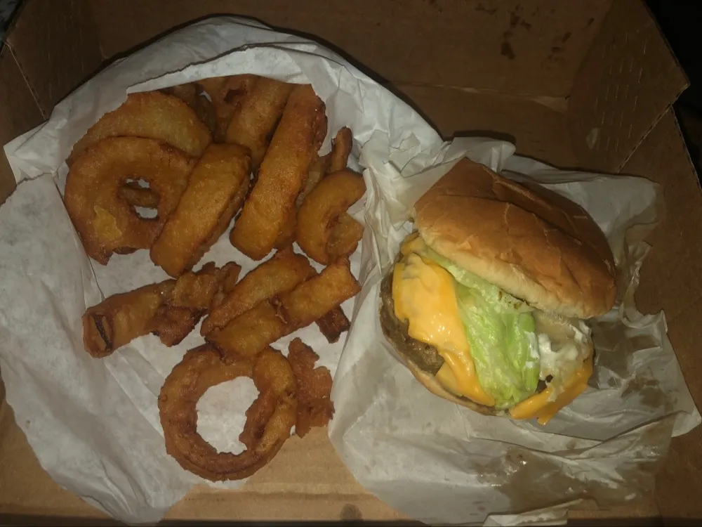 BBQ Cheeseburger and Onion Rings